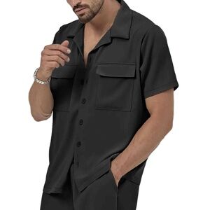 Paradise‎ Coves Black Short Sleeve Button Down Camp Collar Casual Shirt Medium